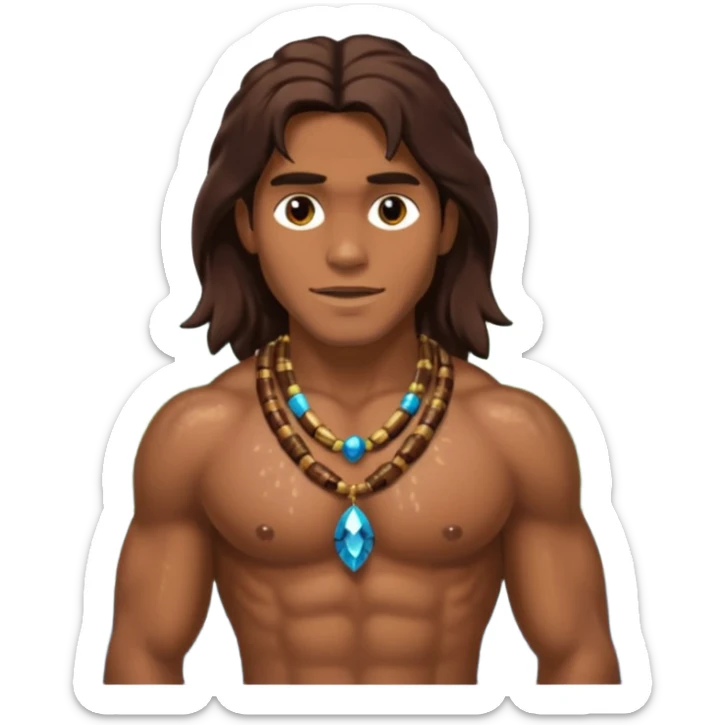 Tarzan with long dark brown hair, brown sequin loincloth, shirtless with necklace sticker