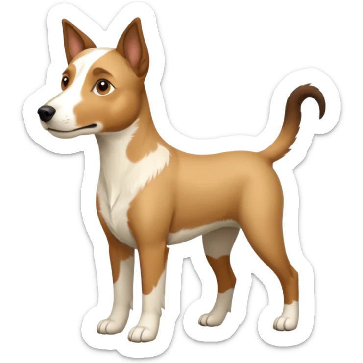 a full body large white parson russell looking dog the size of a kelpie with light brown flapped down ears and a light brown patch on one eye and a large snout sticker