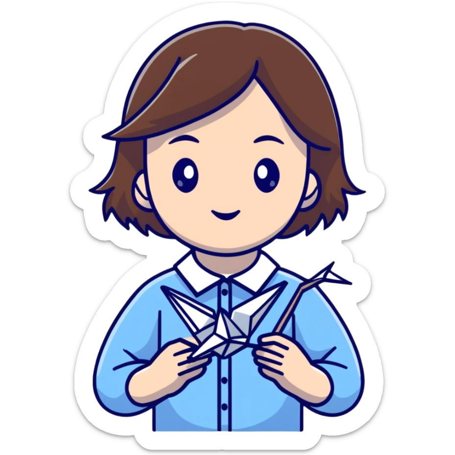 A Ukrainian young girl with brown hair wearing a white embroidered shirt holds an origami blue crane sticker