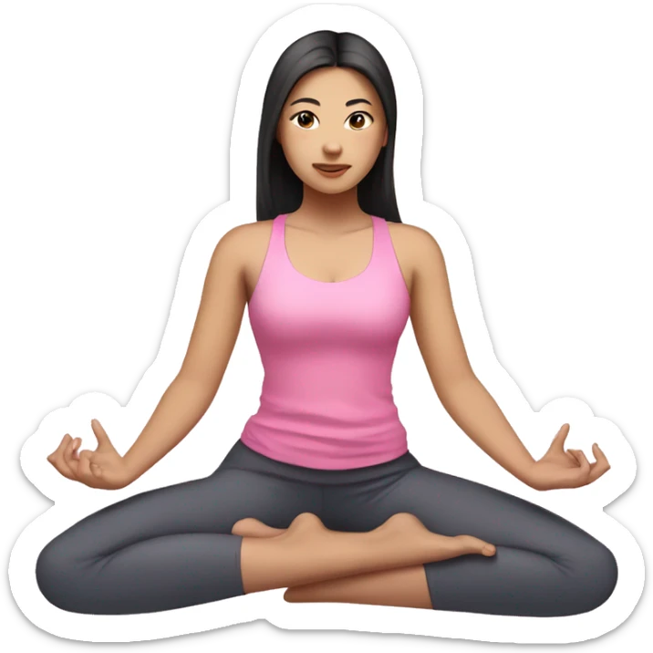 Asian girl doing yoga in pink clothes, long dark hair, light skin, dark eyes sticker
