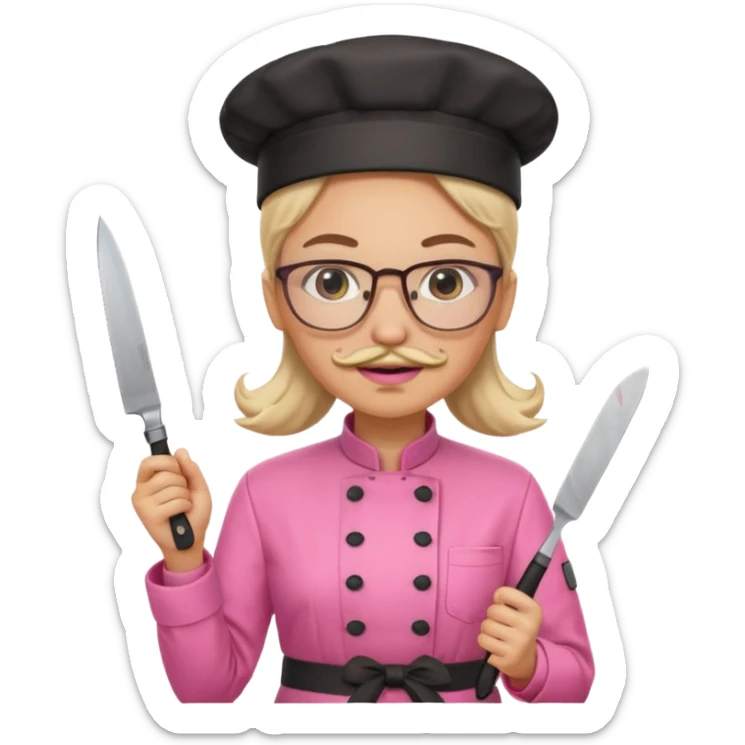 female italian chef, pink uniform, with mustace, wearing glasses, holding knife sticker