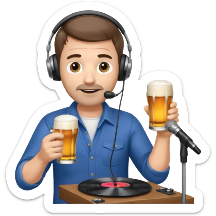 a middle aged white male radio presenter, with short brown hair and slightly unshaven, wearing headphones, speaking into a microphone, with a beer in his right hand and vinyl record in his left hand sticker