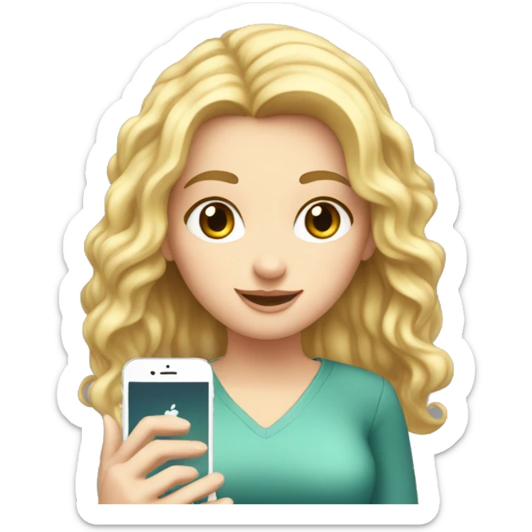 a white girl with a phone in her hands is chatting, her eyes are lowered to the phone sticker