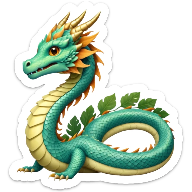  serpent dragon. Slim, serpentine body with smooth scales in soft blues and greens. Fluffy leaf plumes replace the tail fins, and a terracotta crown-like crest adorns its head. Gentle amber eyes. sticker