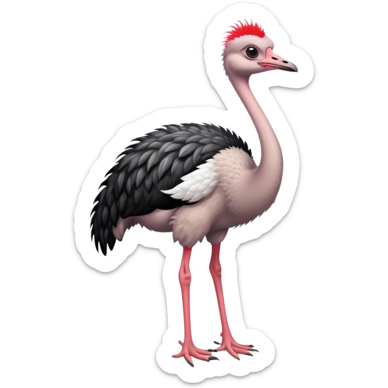 Full picture of an ostrich with black and white feathers on the body, pinkish-red neck, and red legs. sticker