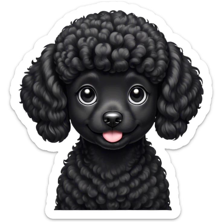 Cinematic Cute Black Poodle Portrait Emoji, Head tilted playfully and inquisitively, showcasing a bouncy, curly jet-black Fur with a striking sheen, round, sparkling dark eyes filled with curiosity, Simplified yet irresistibly adorable features, highly detailed, glowing with a warm, friendly glow, high shine, affectionate and lively, stylized with a touch of whimsy, bright and endearing, soft glowing outline, capturing the essence of a mischievous yet loving companion, so playful it feels like it could bounce out of the screen and into your arms! sticker