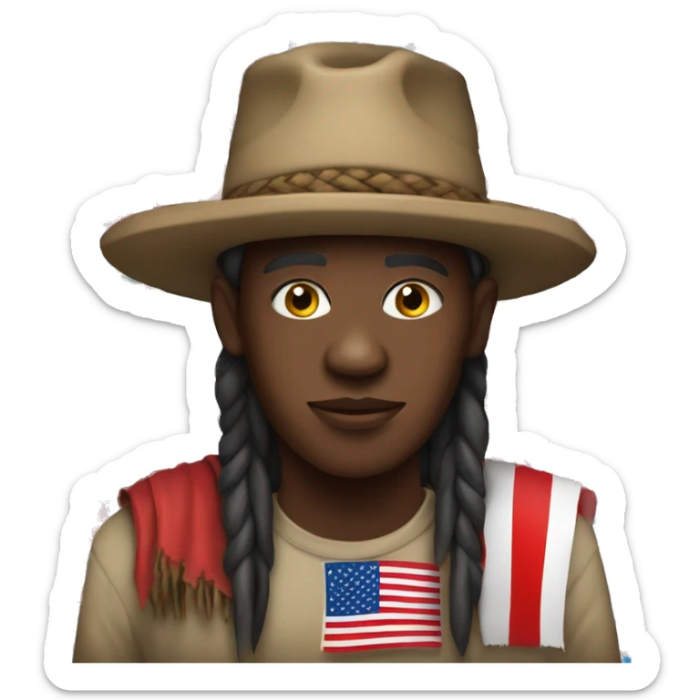 African tribe member with a red hat and an American flag with a dirt hut sticker