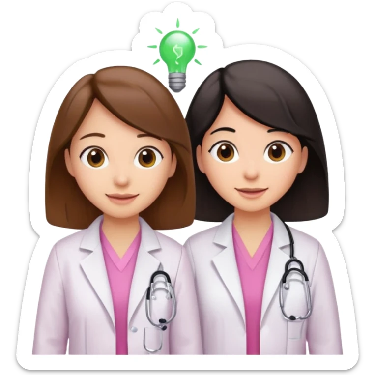 cientificas con blusa rosa y bata blanca felices, una chica con pelo marrón y otra chica con pelo negro sticker