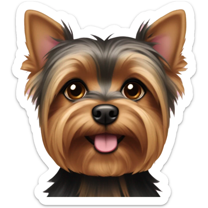 Yorkie Dog with Brown and black fur and brown eyes with short hair with a pink collar sticker