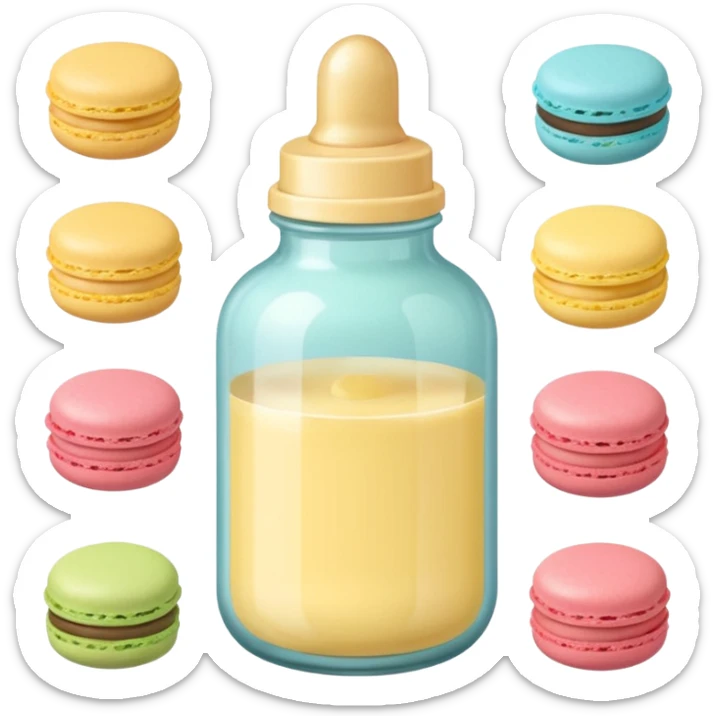 A cute baby bottle with a light yellow nipple and cute stickers on the bottle body. Macaron color palette sticker
