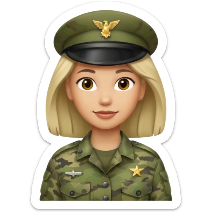 Female soldier emoji in Apple style, no cap/helmet, bust portrait, gentle smile, generic camo, hair visible, soft gradients, transparent PNG sticker