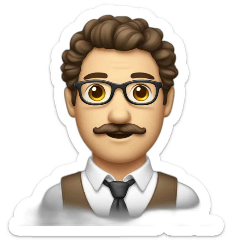 homme cheveux bouclé et brun, fine lunette et moustache sticker