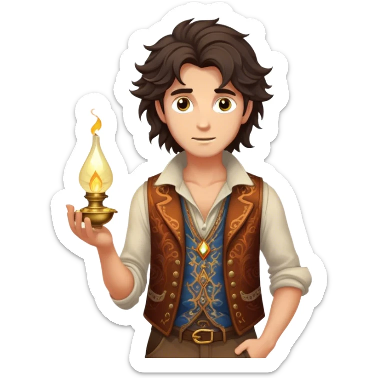 Cinematic Realistic Aladdin Portrait, depicted with lifelike, warm skin textures and a confident yet approachable gaze. His dark, wind-tousled hair frames expressive eyes full of adventure and kindness. Dressed in his iconic vest and loose trousers with intricate detailing, he holds a subtle glimmer of a magic lamp, all rendered under soft natural lighting with a radiant glow that captures his resourceful spirit. sticker