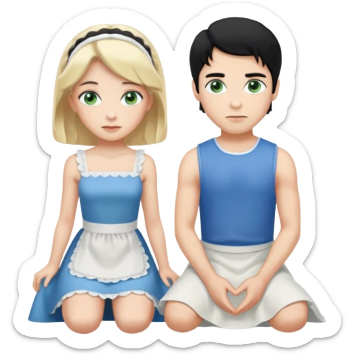Prince, standing, black hair, blue eyes, and maid, blonde Hair, green eyes, white short sleveless dress, kneeling  sticker