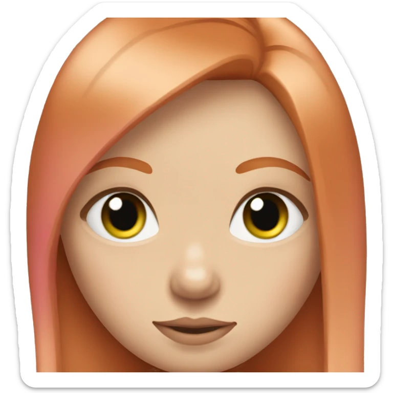 ginger girl, green eyes eyes, shoulder lenght straight hair with bangs, wearink pink  sticker