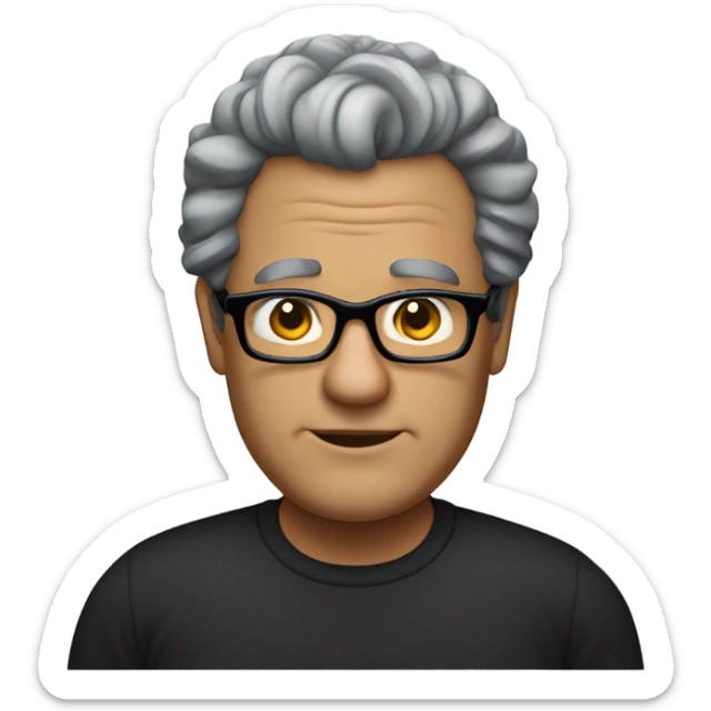 55 year old man overweight curly thinning hair white wearing black dress shirt black rim square glasses  sticker