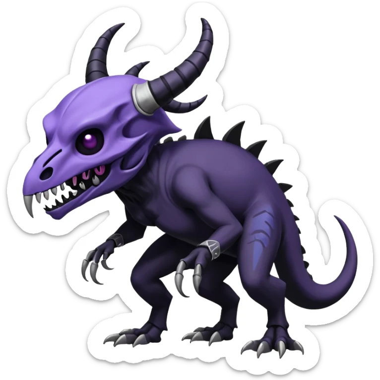 Shiny Dark Edgy  Duskull-Salandit-Inteleon-Amaura-Fakémon-hybrid-creature (full body) with a horned animal-skull-mask sticker