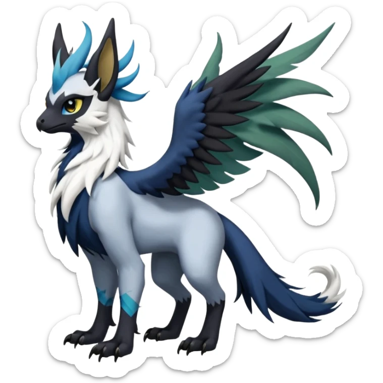 Dark-deep-colored gryphon-Trico-Nargacuga-Absol-Leafeon-Sprigatito-Silvally-fusion-hybrid with a long tufted tail, black beak, black claws, black tail, majestic, realistic, furry (full body) sticker
