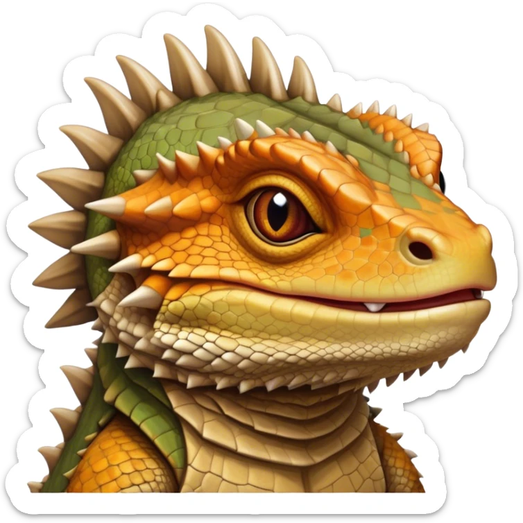 Cinematic Noble Bearded Dragon Portrait Emoji, Poised and regal, with a robust, angular build and a textured, scaled hide in earthy olive and sandy tones, a prominent spiky 'beard' beneath its chin and a keen, alert gaze, Simplified yet sharp and sophisticated features, highly detailed, glowing with a soft, dignified glow, high shine, intelligent and fierce, stylized with an air of desert majesty, focused and attentive, soft glowing outline, capturing the essence of a watchful and commanding reptile, so majestic it feels as though it could scuttle out of the screen with effortless authority! sticker