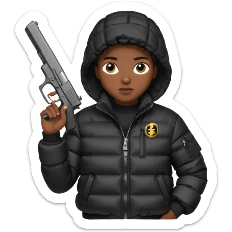 african american wearing a black puffer jacket with the hood on and holding a glock 26 sticker