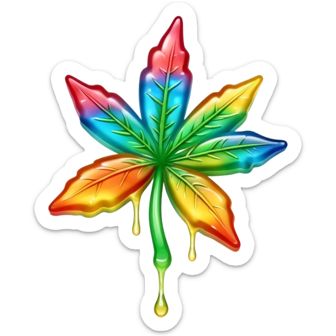 generate an emoji-style image of a juicy gummy shaped like a marijuana flower, make it colorful and with liquid dripping out sticker