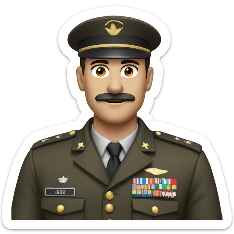 Man in military uniform with thin mustache and parted dark brown hair with his right arm raised at a 45 degree angle upward sticker