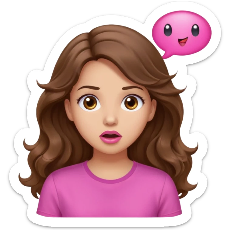 girl with long wavy brown hair, brown eyes, light to medium complexion, in a pink shirt, pink lips, long lashes, surprised, wow speech bubble sticker
