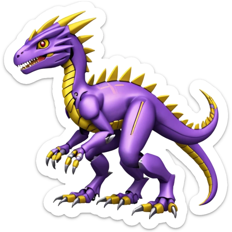 Cool Edgy Purple Yellow Digimon-Fakemon-Guilmon-Velociraptor-Dragon-Mecha full body sticker