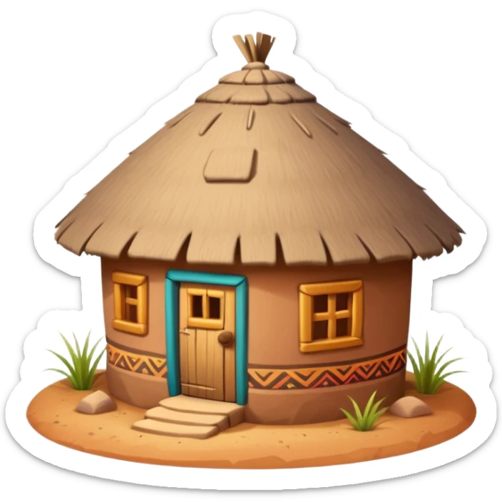 African mud hut tribal house, round adobe clay house, thatched roof, warm sunlight, colorful tribal patterns, cute mobile game icon, 3D cartoon, high detail, clean background sticker