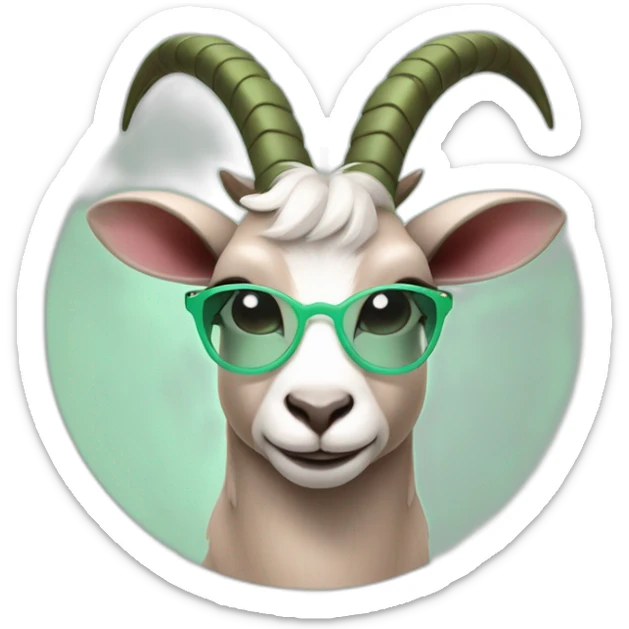 a sexy goat with mint green round glasses and a green dress with a black heart on it and rosy cheeks, and brownish-pink horns, and some ears that hang of the side sticker