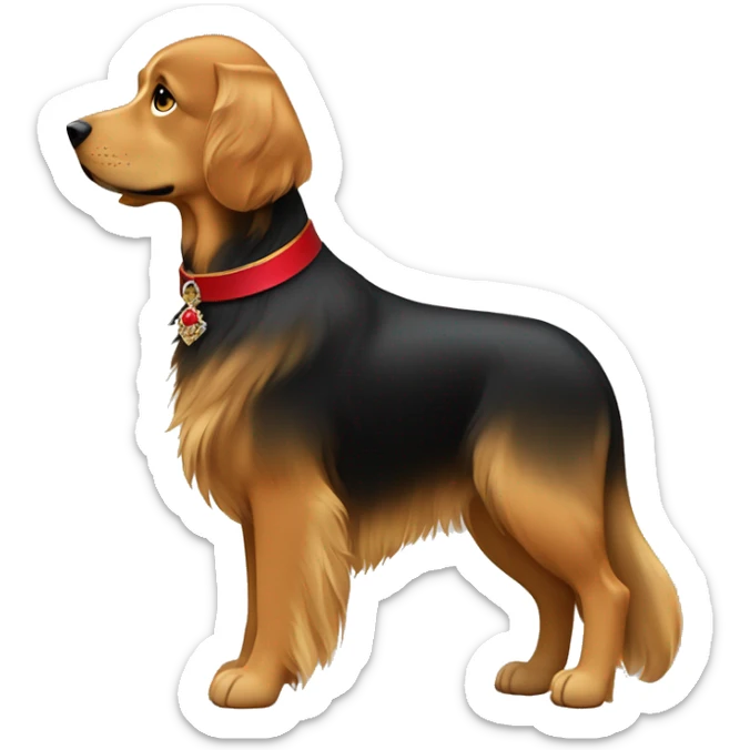 mujer morena de pelo largo y liso color castaño oscuro y un perro golden retriver negro con collar rojo de broche sticker