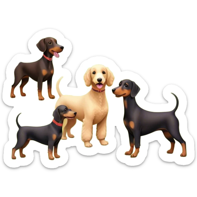Collage of dogs breeds like Doberman, Poodle, Dachshund, in a park with trees and grass. A joyful, colorful scene with playful expressions. Transparent background. sticker