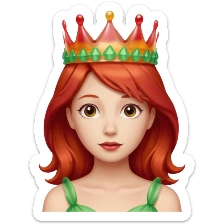 red hair woman wearing an edible candy gummy crown sticker