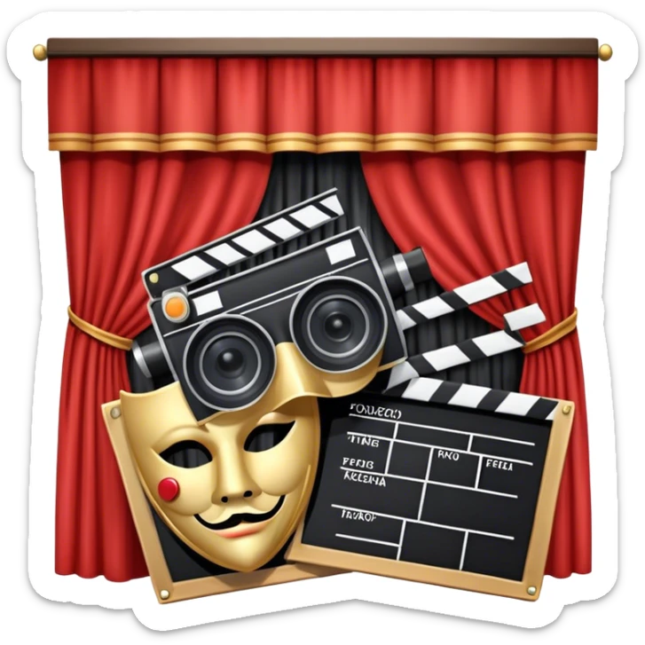 Icon for Acting in Theatre and cinema: a stage with curtains, a theater mask, a film camera and a clapperboard. The design should represent theatrical performance and acting techniques. Transparent background. sticker