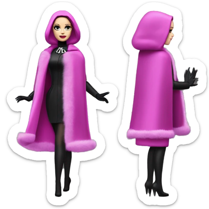Fucshia ‘n Fur Barbie, Wednesday Addams, cape,veil,funeralwear,showing off, show full body,accessories coat gloves  sticker