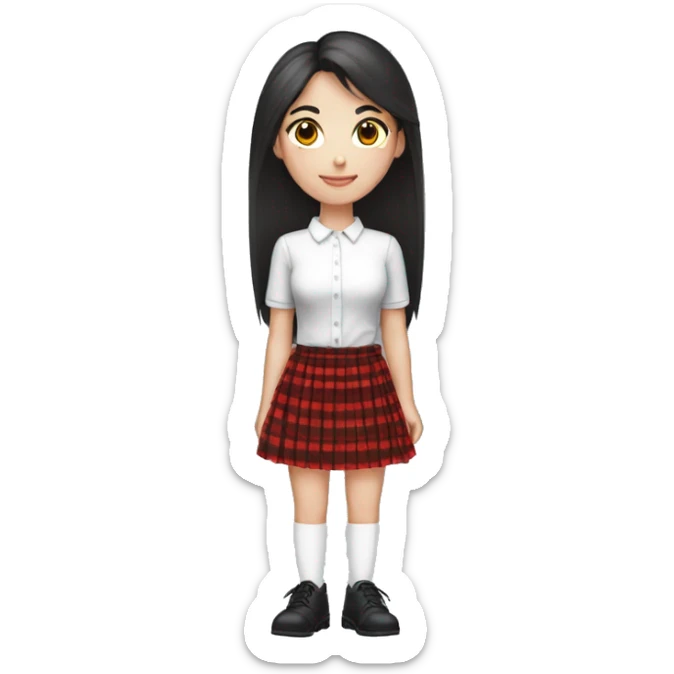 a girl with straight dark hair, slender and beautiful. full length emoticon wearing a red checkered skirt, white shirt, black short shoes and white knee high stockings sticker