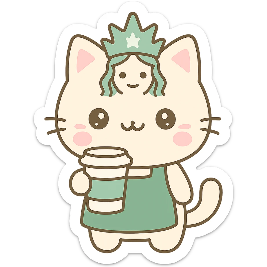 playful cat with Starbucks mermaid crown, green apron, holding a coffee cup, kawaii style sticker