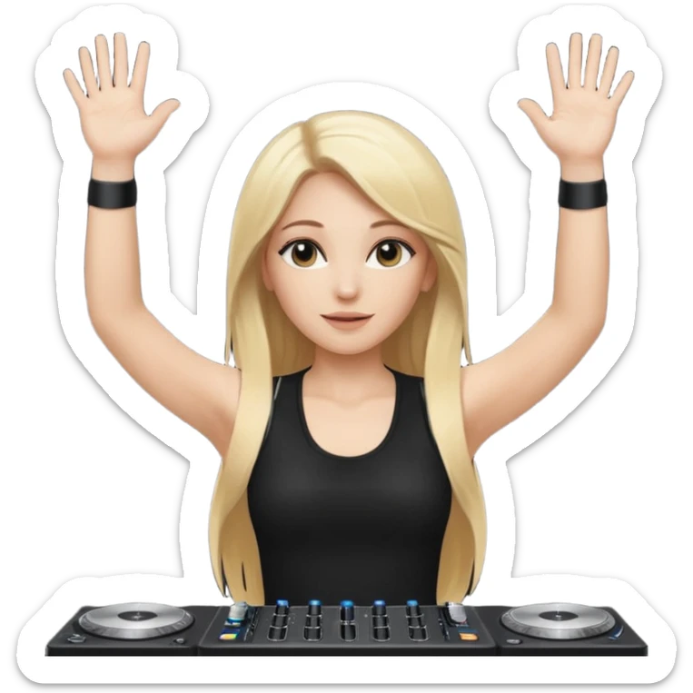 I want a white female dj animated gif emoji with long straight centre parting blonde hair putting hands up in the air. Wearing a black tight top with no sleeve sticker