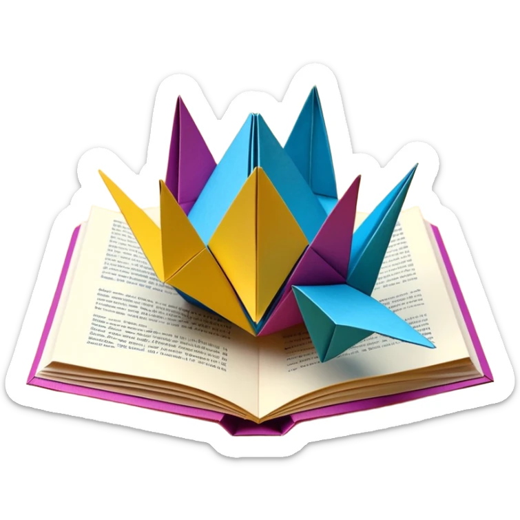 3D render of Pop-Up Book entirely of folded origami paper, sharp creases, cardboard texture, matte finish, visible paper grain, craft aesthetic, sticker