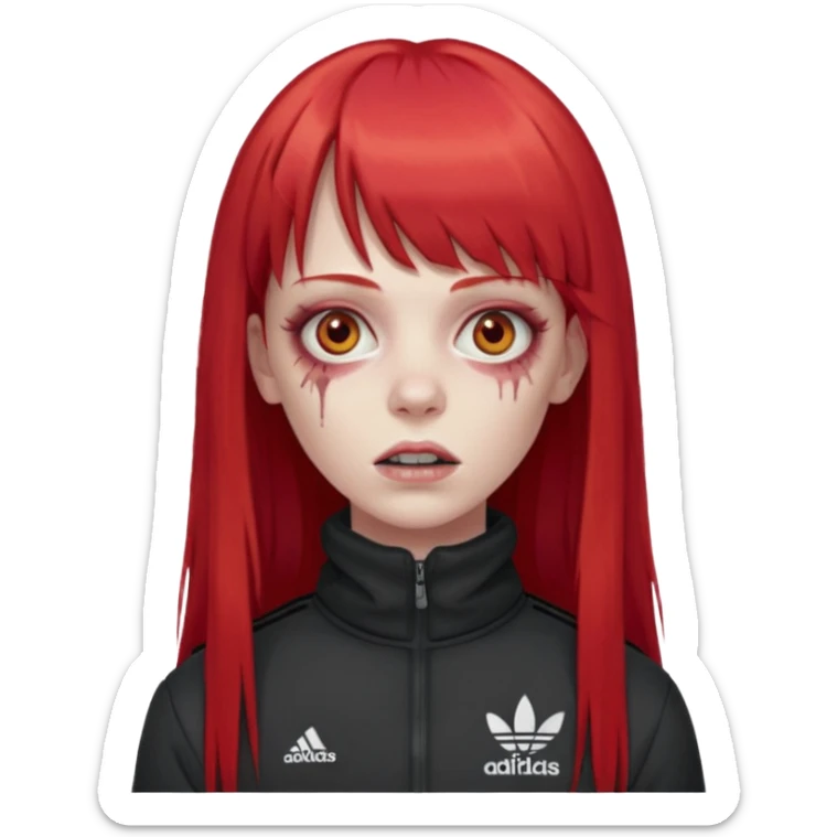 Crie um emoji de uma menina zumbi  com o cabelo vermelho longo com uma franja reta casaco de gola alta da adidas sticker