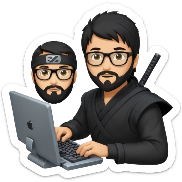 Man with black hair and beard wearing glasses in a ninja costume. Keep the top left version, make the beard longer and replace the sword on his with a computer keyboard  sticker