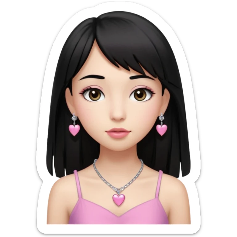 Cabelos pretos longos lisos ,com franja curvada .olhos pretos puxadinho para cima. Cílios longos curvados. Pele clara ,nariz pequeno ,lábios carnudos ,adolescente 16 anos ,vestido rosa de alça, colar de coração prata ,brinco de diamante sticker