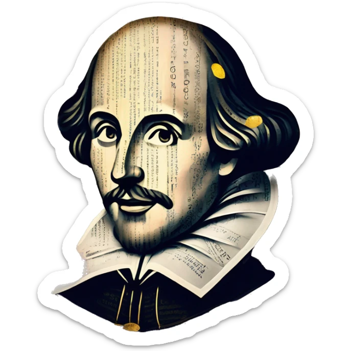 Shakespeare made of newspaper cuttings wearing flowers, stained glass, fairy lights, bokeh, annotated sketch, handwritten letters, collage of intricate patterns, gold swirls, bokeh, lights  sticker