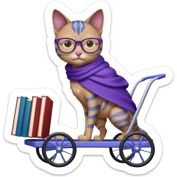 Purple and blue cat, with glasses and a shawl, pushing a 4 wheeled cart full of books sticker