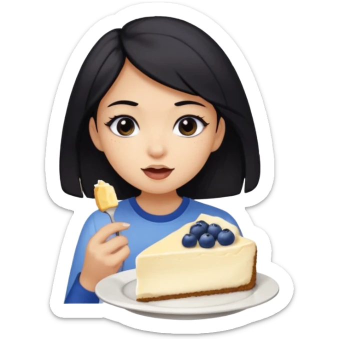 a black haired girl with black eyes, and krem shirt eating a piece of cheesecake with blueberry on top of it sticker