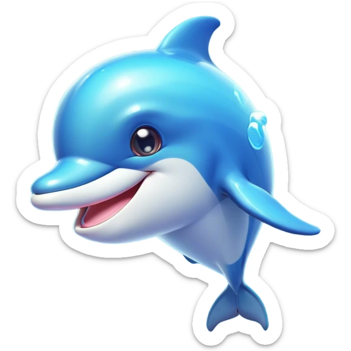 Cinematic Cheeky Dolphin Portrait Emoji, With a playful tilt of its head and a mischievous sparkle in its eyes, showcasing a sleek, shiny body accented by a quirky, animated smile and a cheeky wink, Simplified yet hilariously endearing features, highly detailed, glowing with a vibrant, sassy aquatic glow, high shine, spirited and fun, stylized with an air of quirky marine mischief, soft glowing outline, capturing the essence of a super cute dolphin that looks ready to splash its way into viral fame with playful charm! sticker
