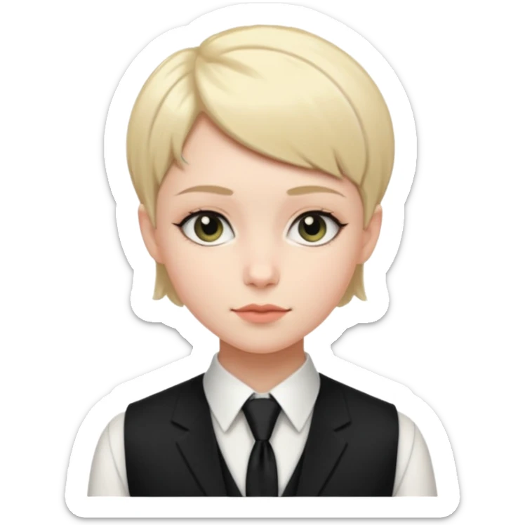 pale girl who has very short hair, formal wear with black tie and a vest sticker