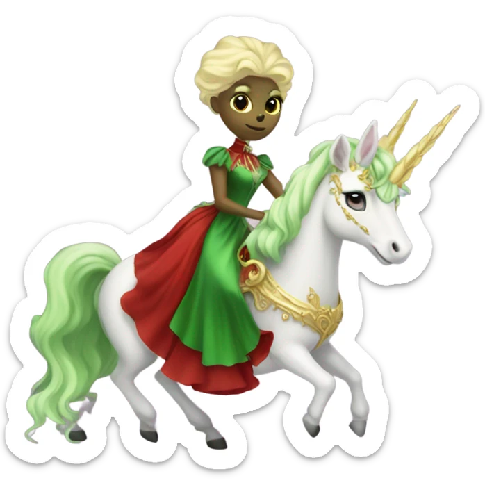 "galora green blonde alien woman" in red Victorian elegant dress, full body, rides unicorn gold and white surrounded by fire
 sticker