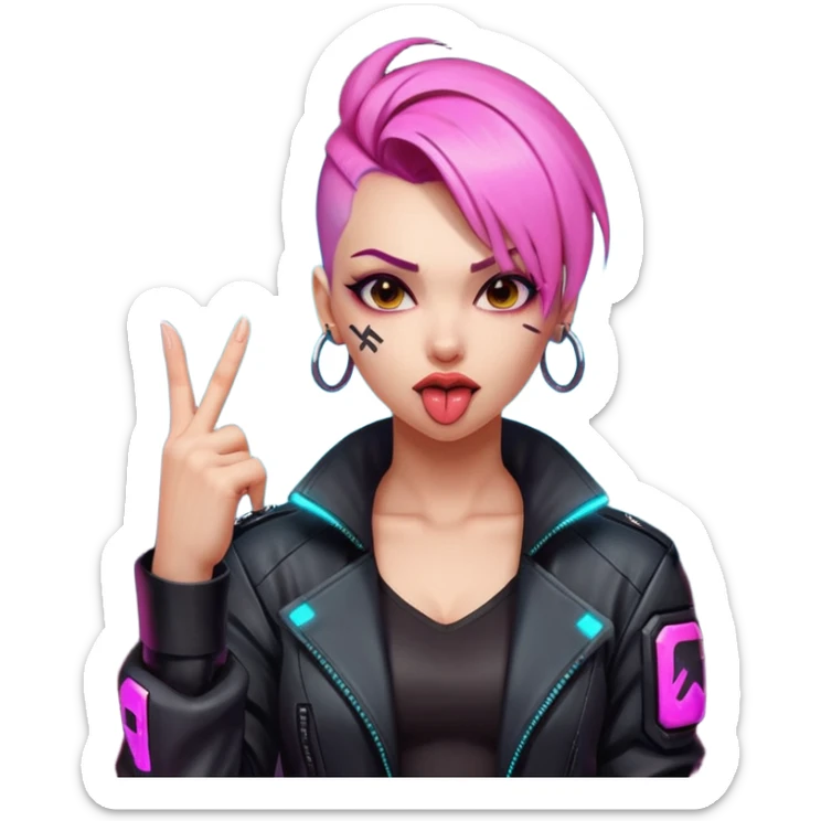 Woman with her tongue out in cyberpunk clothing and giving the middle finger. Looking naughty. sticker