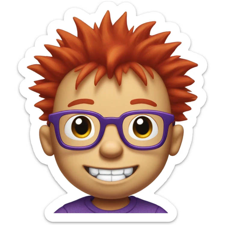 Rugrats, a red-haired one year baby with spiky hair and only 2 front teeth wearing purple square glasses and a blue shirt with red trim sticker